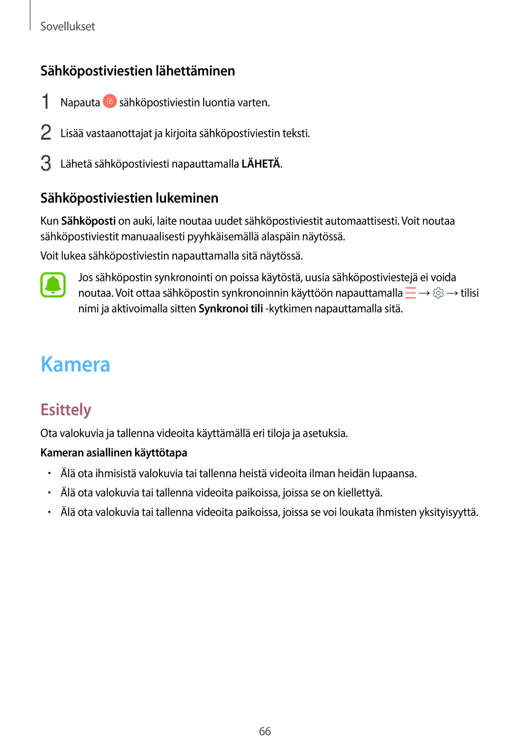 Samsung SM-G390FZKANEE manual Kamera, Sähköpostiviestien lähettäminen, Sähköpostiviestien lukeminen 