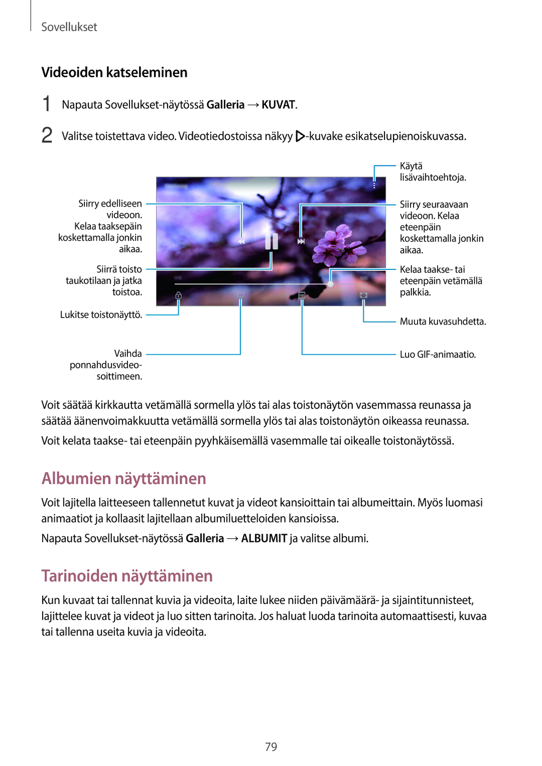 Samsung SM-G390FZKANEE manual Albumien näyttäminen, Tarinoiden näyttäminen, Videoiden katseleminen 