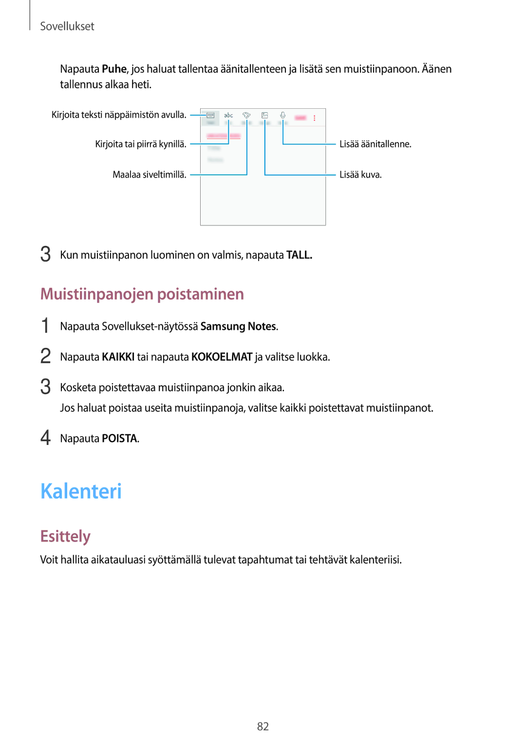 Samsung SM-G390FZKANEE manual Kalenteri, Muistiinpanojen poistaminen 