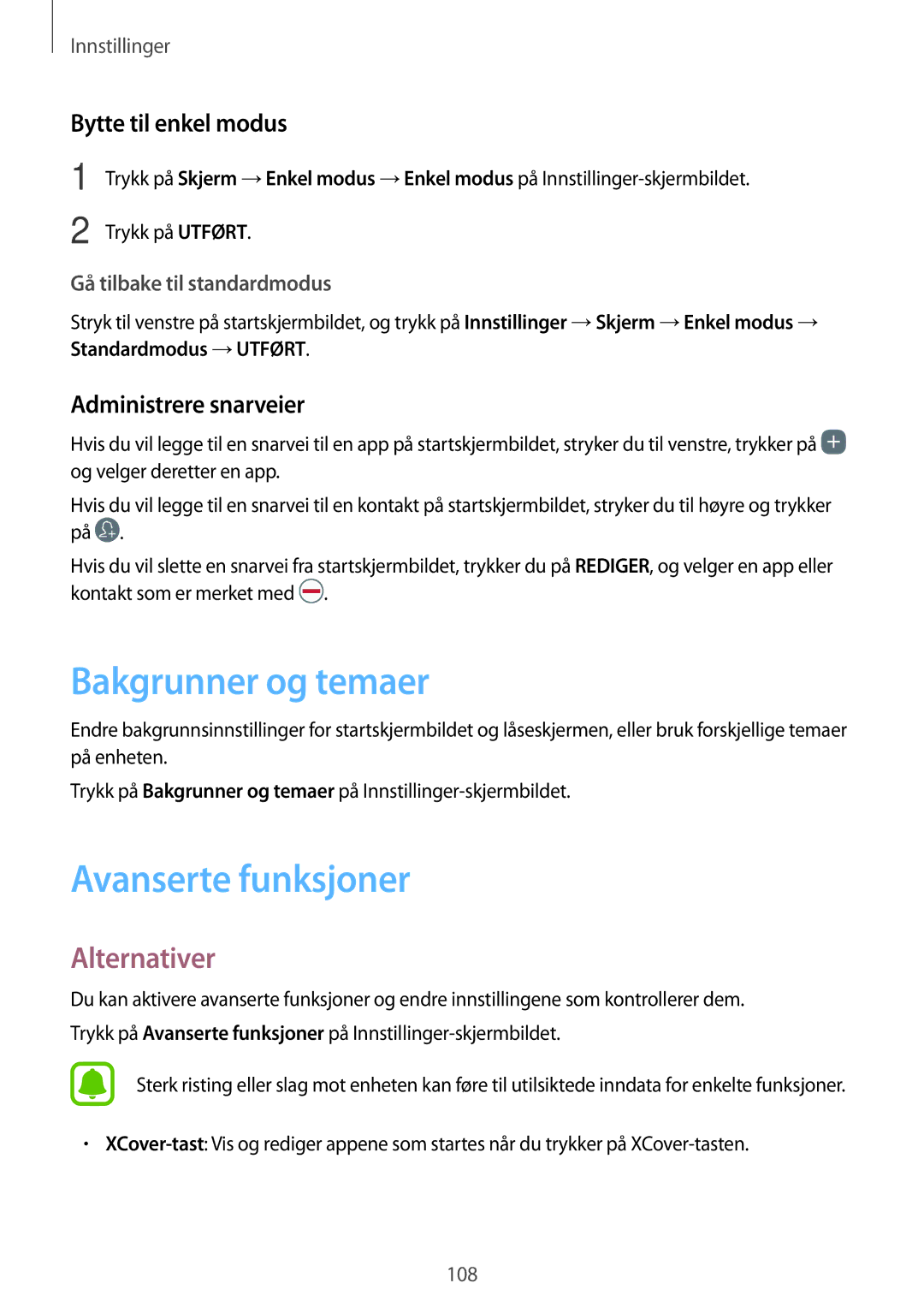 Samsung SM-G390FZKANEE manual Bakgrunner og temaer, Avanserte funksjoner, Bytte til enkel modus, Administrere snarveier 