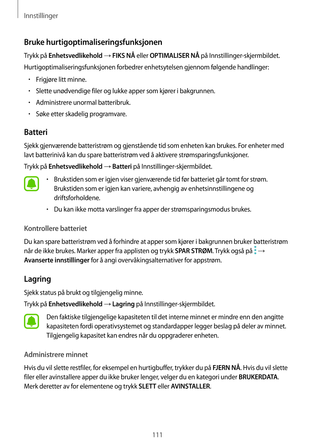 Samsung SM-G390FZKANEE manual Bruke hurtigoptimaliseringsfunksjonen, Batteri, Lagring 