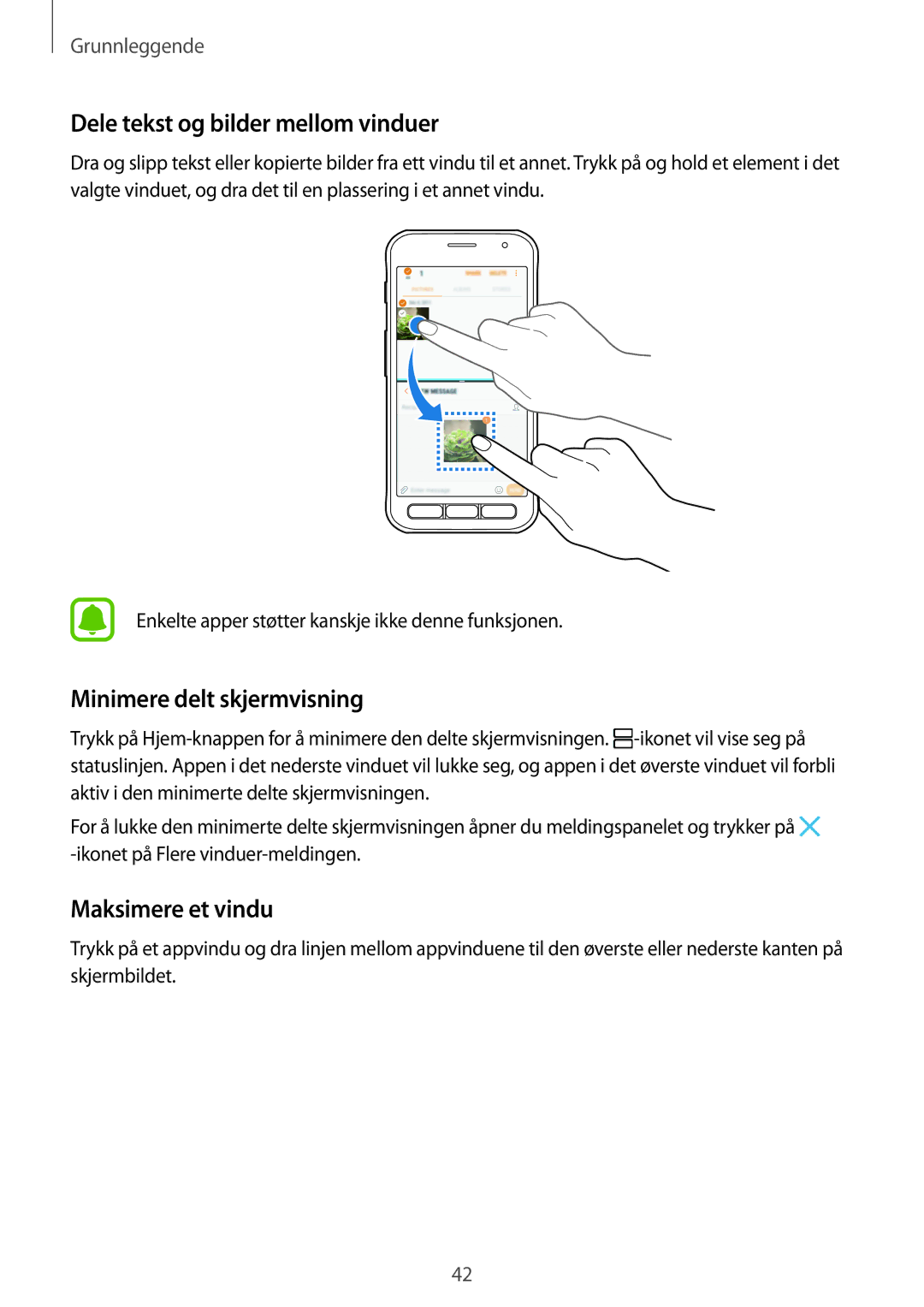 Samsung SM-G390FZKANEE manual Dele tekst og bilder mellom vinduer, Minimere delt skjermvisning, Maksimere et vindu 