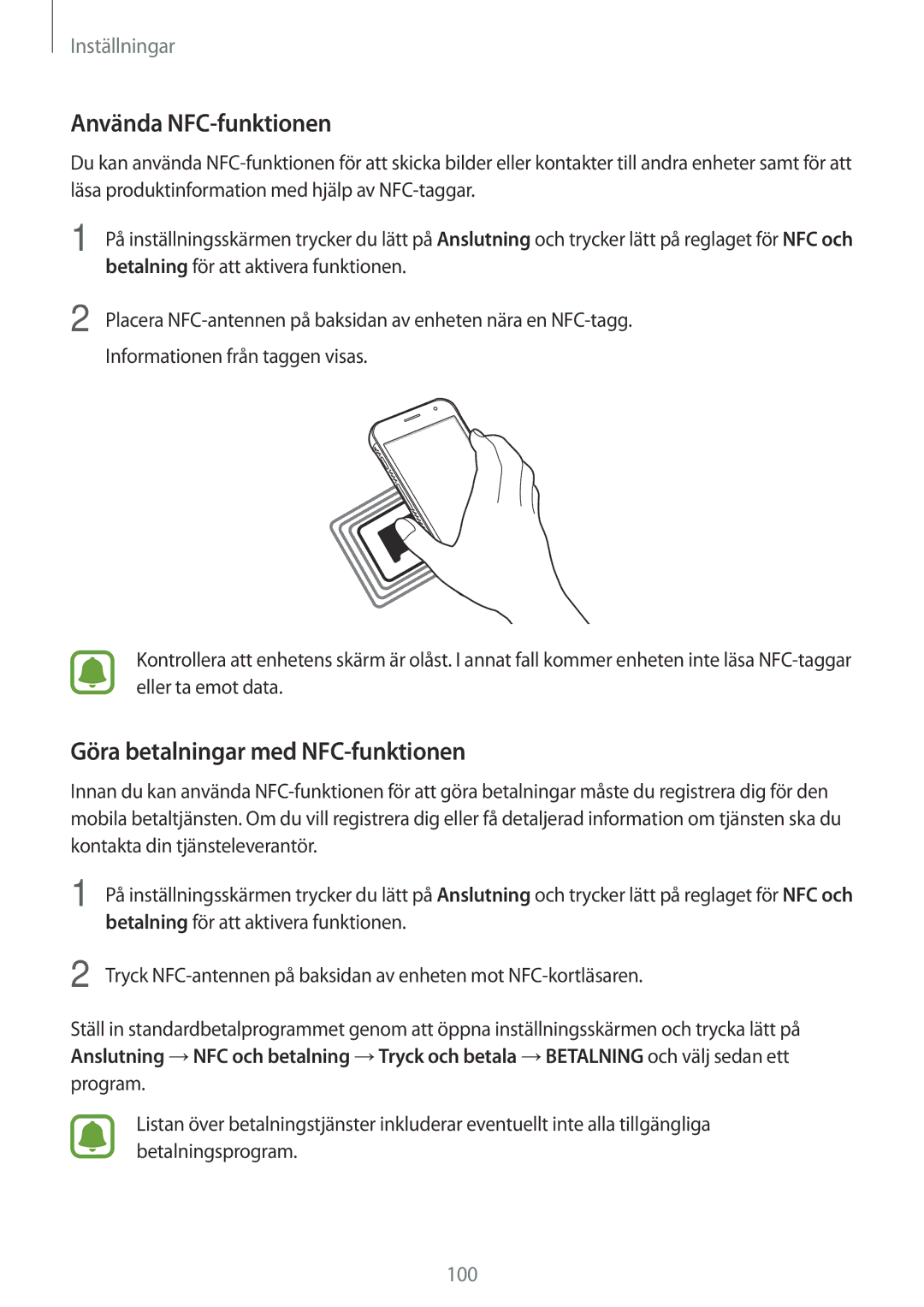 Samsung SM-G390FZKANEE manual Använda NFC-funktionen, Göra betalningar med NFC-funktionen 