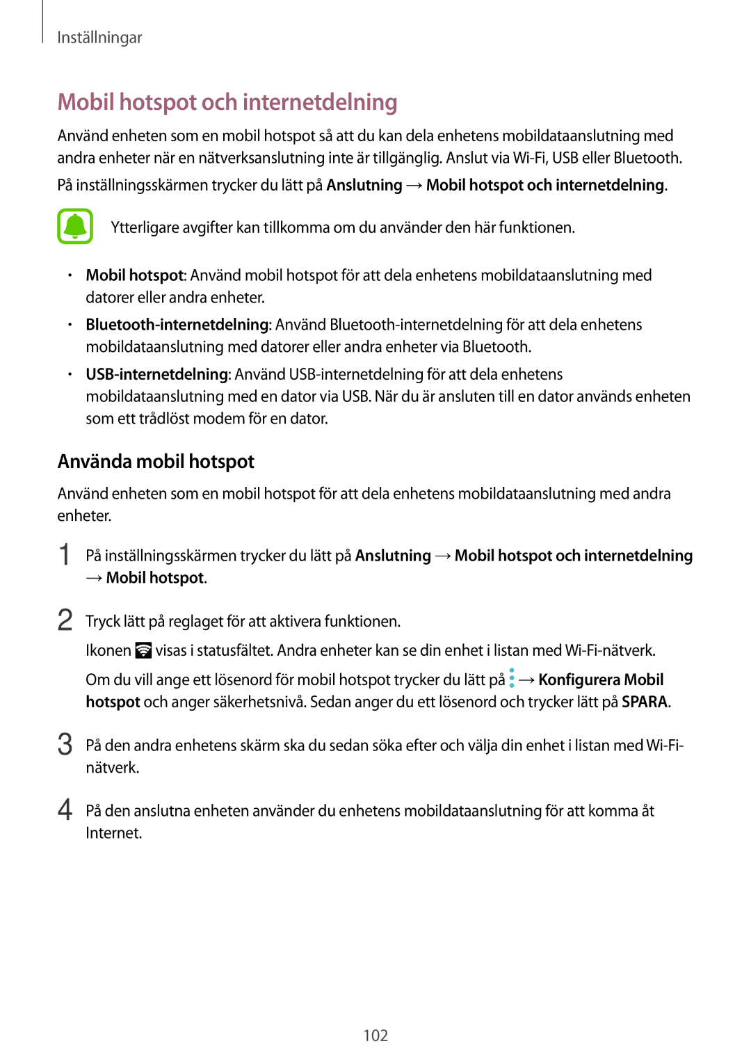 Samsung SM-G390FZKANEE manual Mobil hotspot och internetdelning, Använda mobil hotspot 