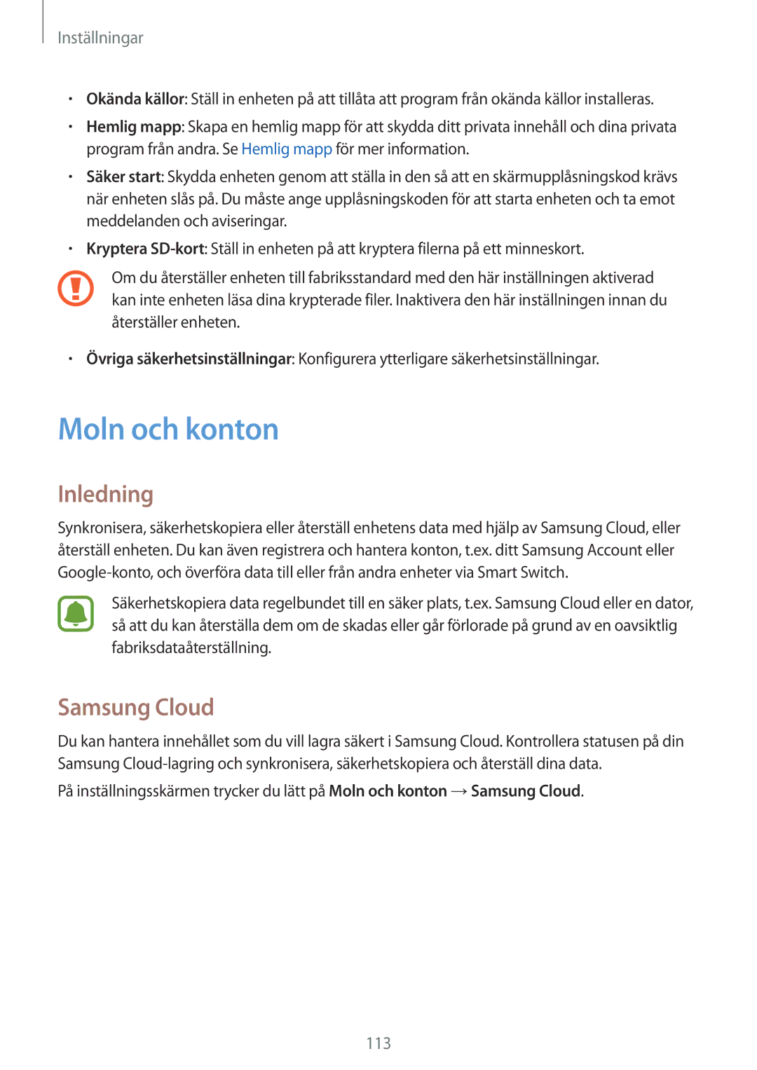 Samsung SM-G390FZKANEE manual Moln och konton, Samsung Cloud 