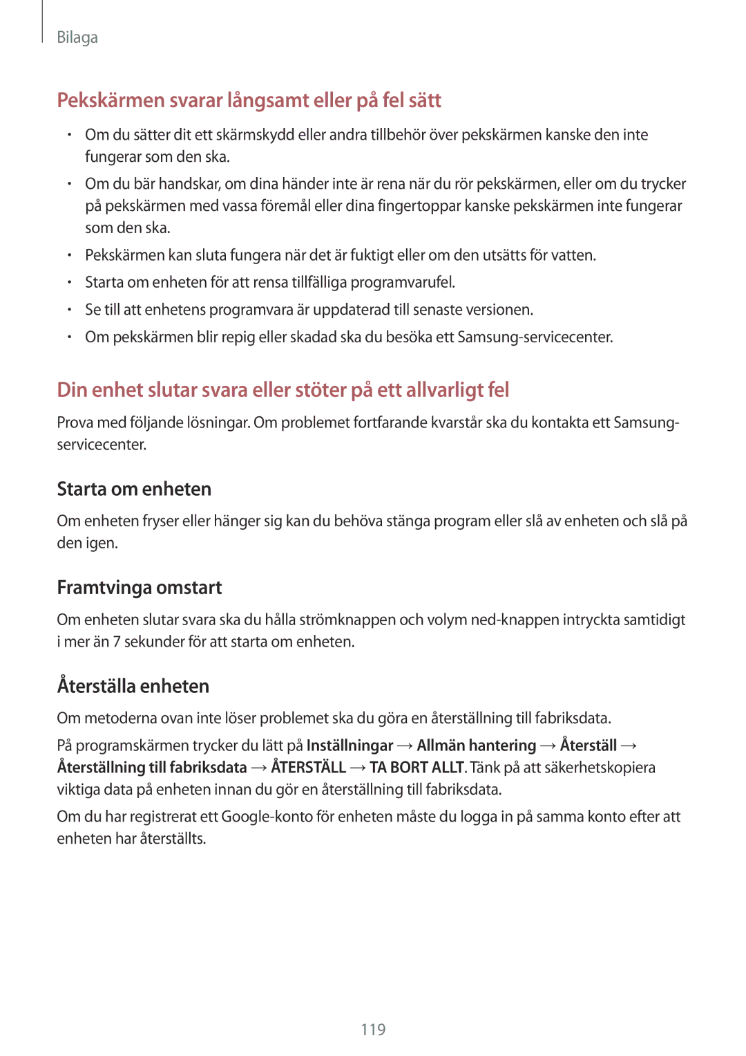Samsung SM-G390FZKANEE manual Framtvinga omstart, Återställa enheten 
