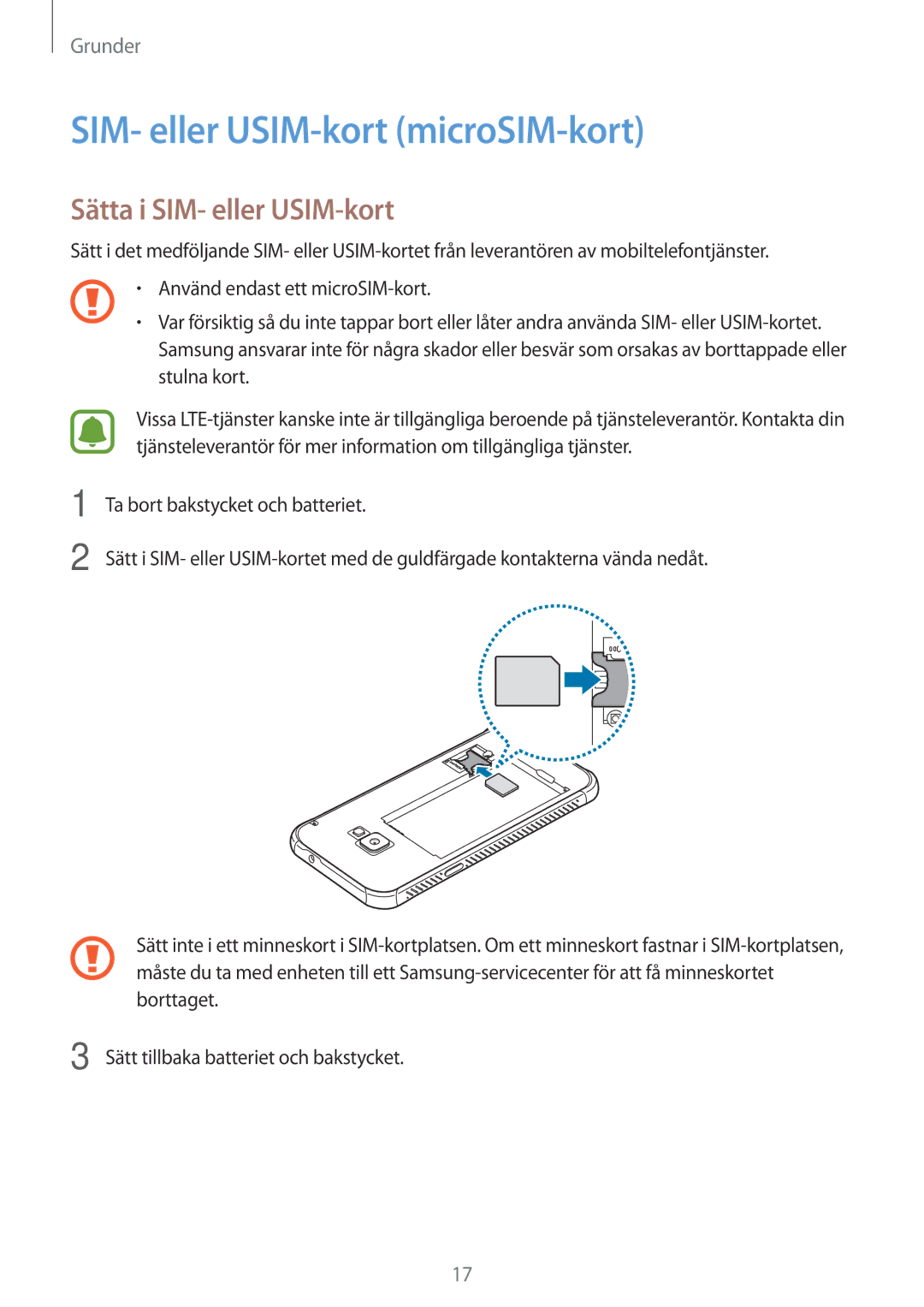 Samsung SM-G390FZKANEE manual SIM- eller USIM-kort microSIM-kort, Sätta i SIM- eller USIM-kort 