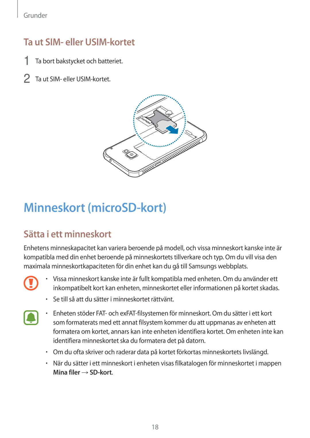 Samsung SM-G390FZKANEE manual Minneskort microSD-kort, Ta ut SIM- eller USIM-kortet, Sätta i ett minneskort 