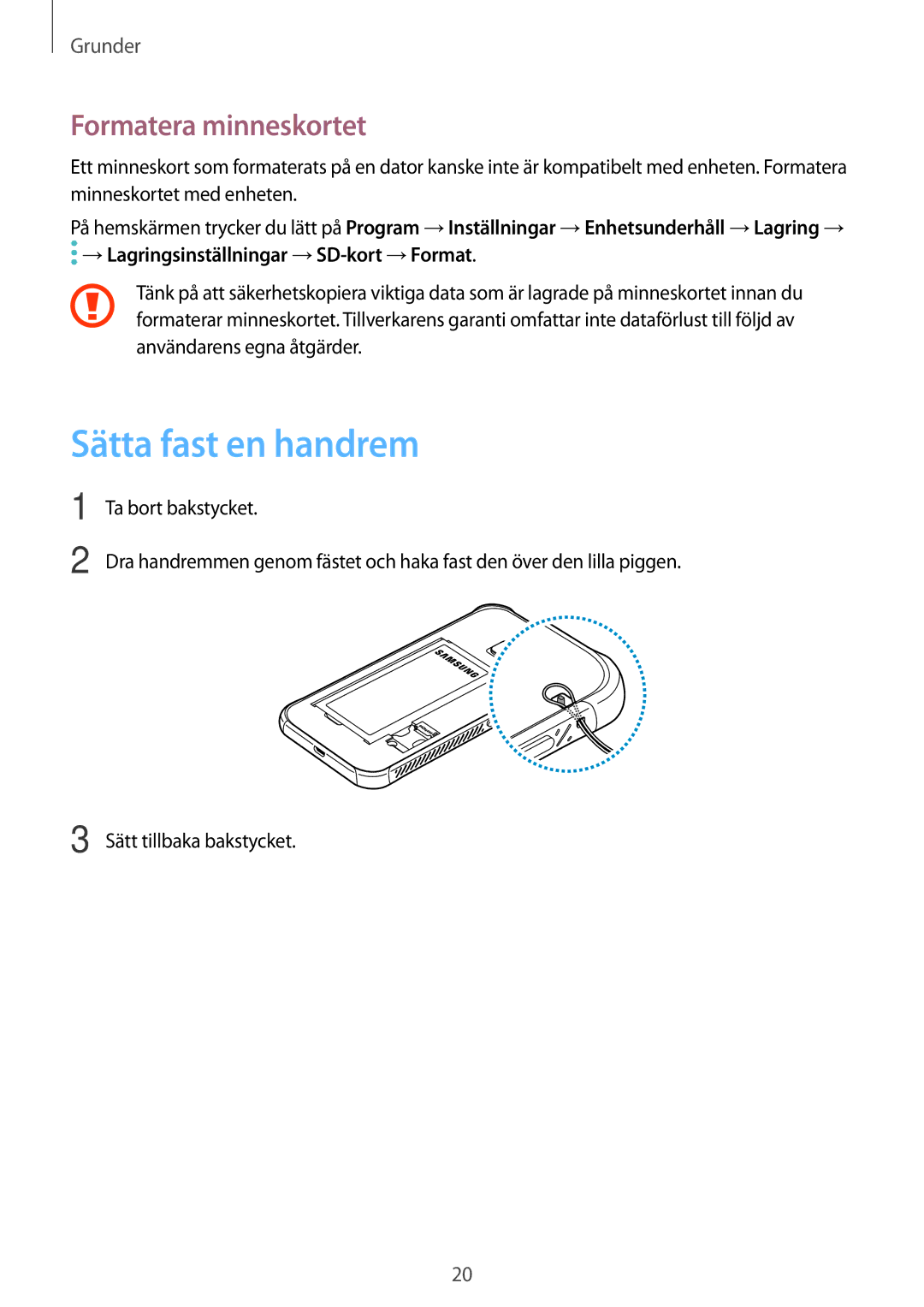 Samsung SM-G390FZKANEE manual Sätta fast en handrem, Formatera minneskortet 