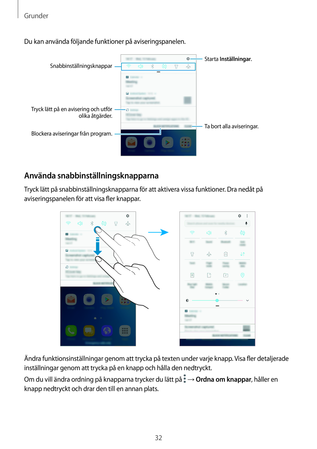 Samsung SM-G390FZKANEE manual Använda snabbinställningsknapparna, Du kan använda följande funktioner på aviseringspanelen 