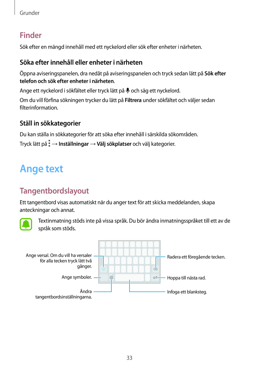 Samsung SM-G390FZKANEE manual Ange text, Finder, Tangentbordslayout, Söka efter innehåll eller enheter i närheten 