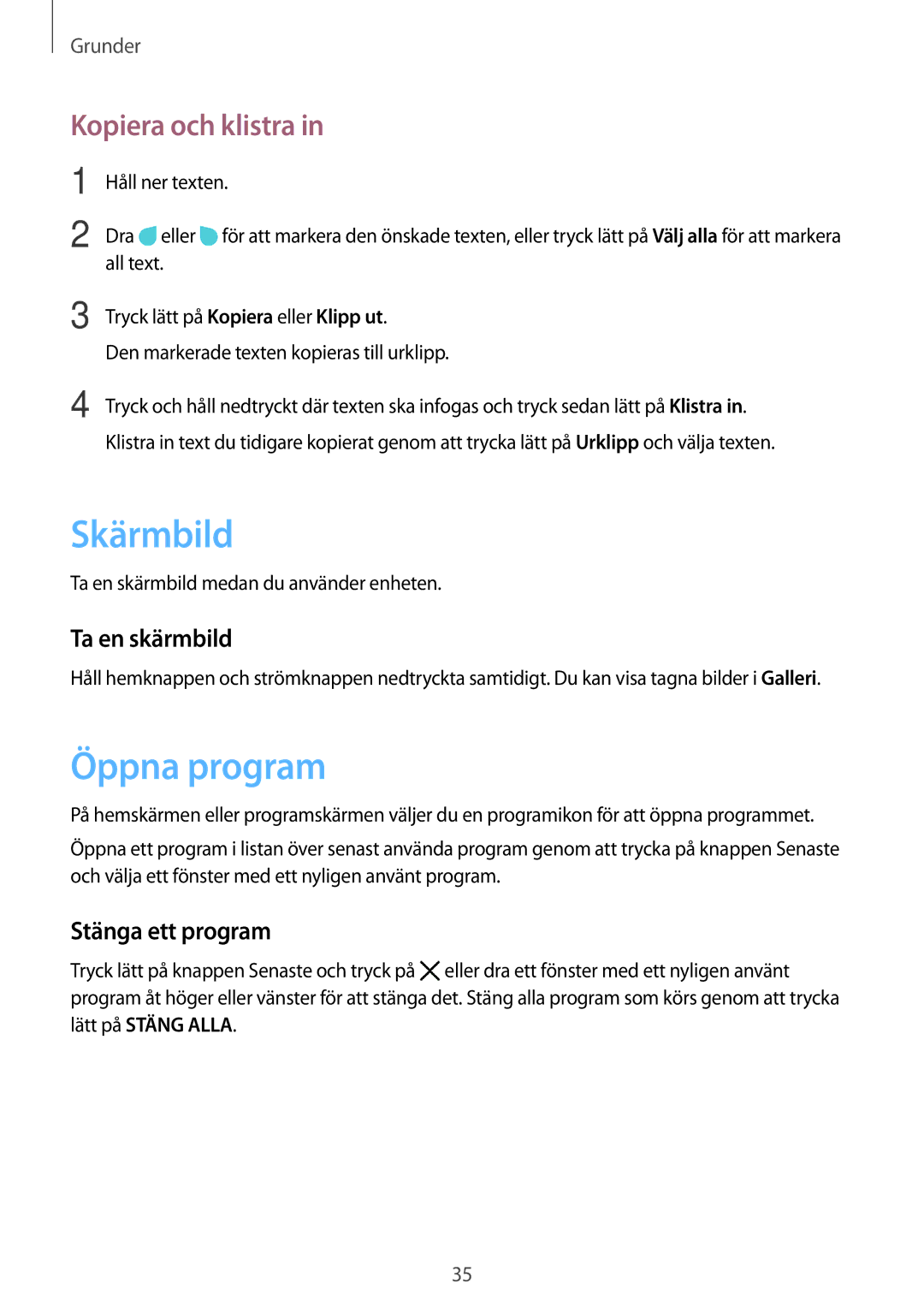 Samsung SM-G390FZKANEE manual Skärmbild, Öppna program, Kopiera och klistra, Ta en skärmbild, Stänga ett program 