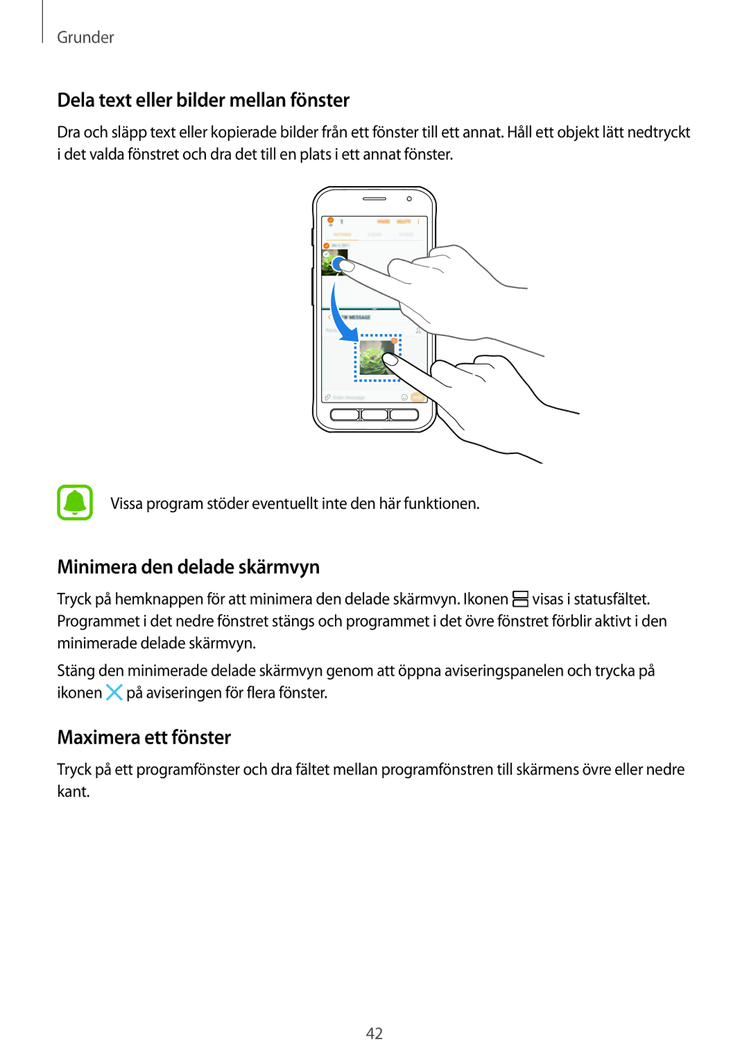 Samsung SM-G390FZKANEE manual Dela text eller bilder mellan fönster, Minimera den delade skärmvyn, Maximera ett fönster 