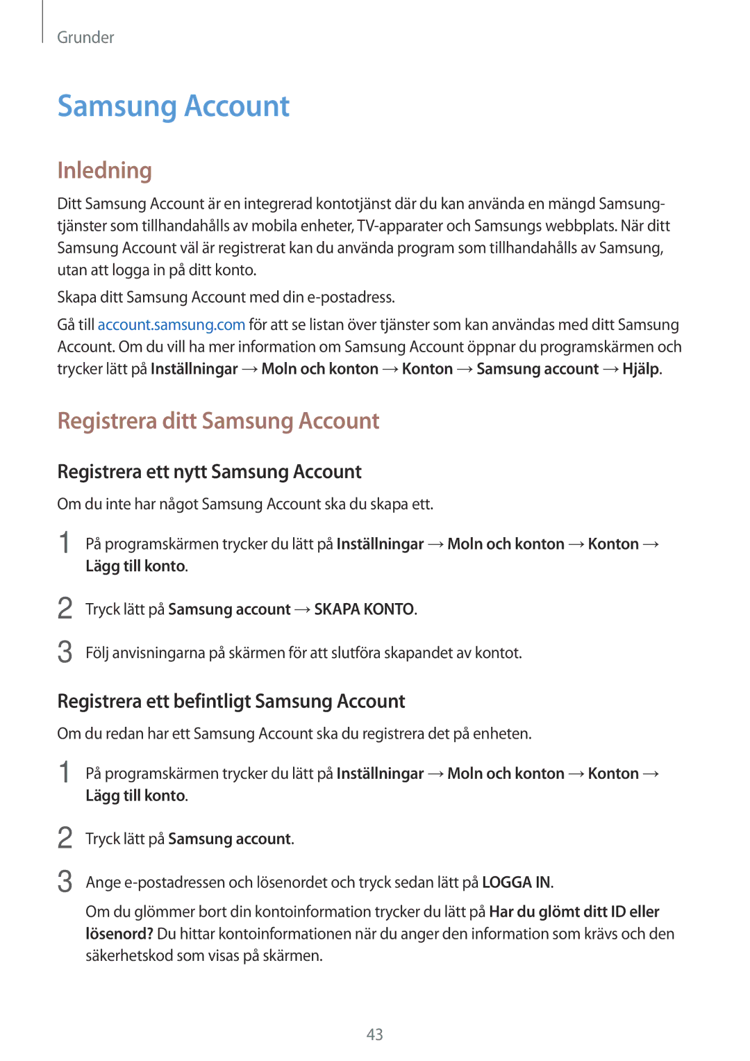 Samsung SM-G390FZKANEE manual Registrera ditt Samsung Account, Registrera ett nytt Samsung Account 