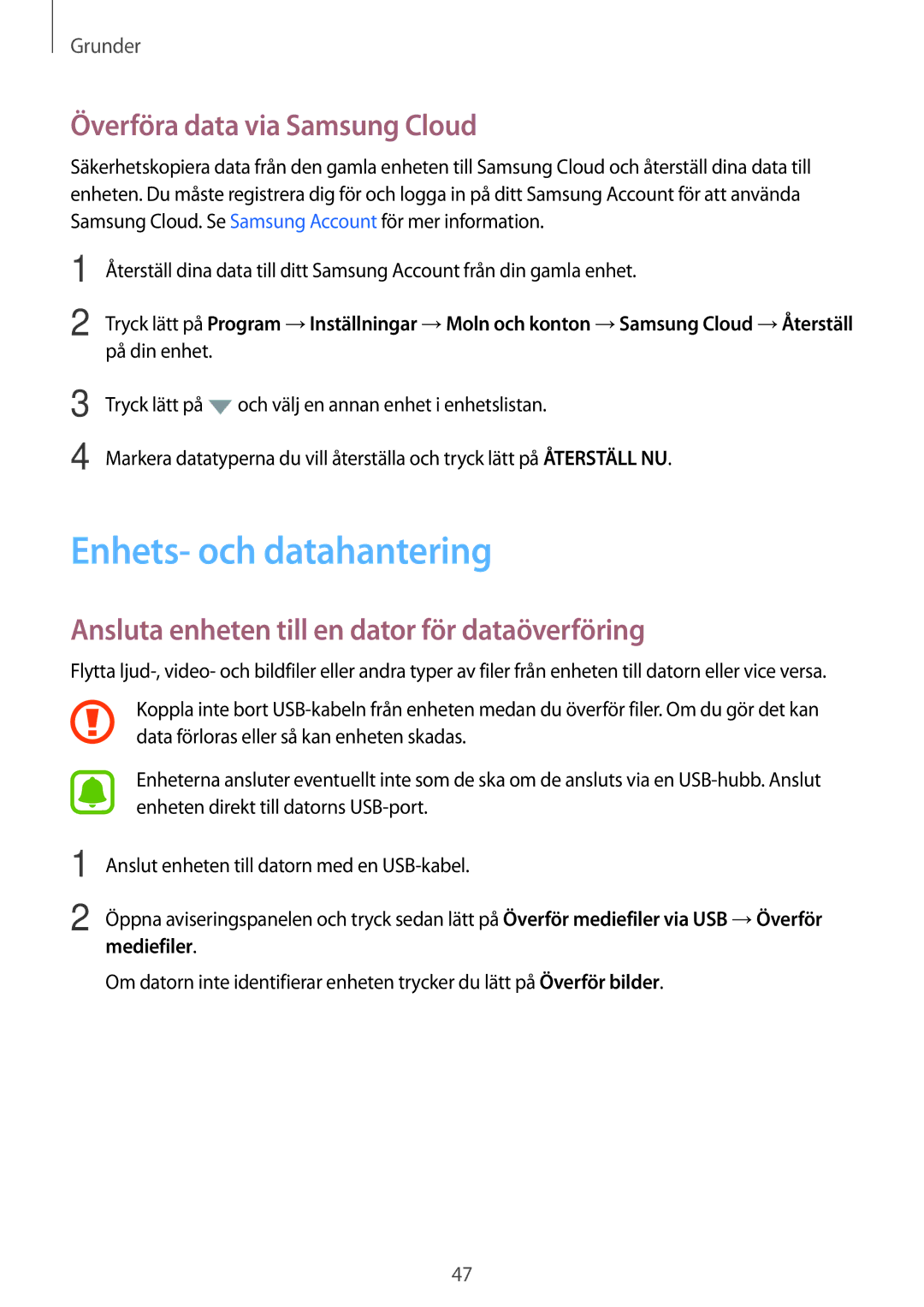 Samsung SM-G390FZKANEE manual Enhets- och datahantering, Överföra data via Samsung Cloud 