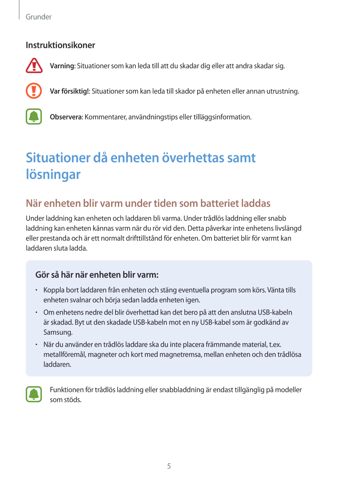 Samsung SM-G390FZKANEE manual Situationer då enheten överhettas samt lösningar, Instruktionsikoner 