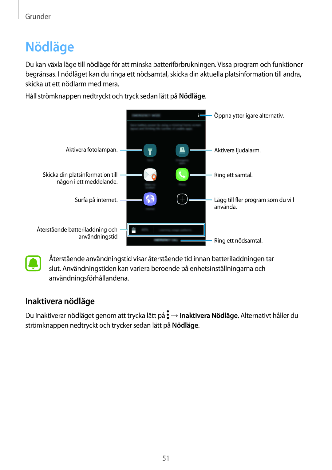 Samsung SM-G390FZKANEE manual Nödläge, Inaktivera nödläge 