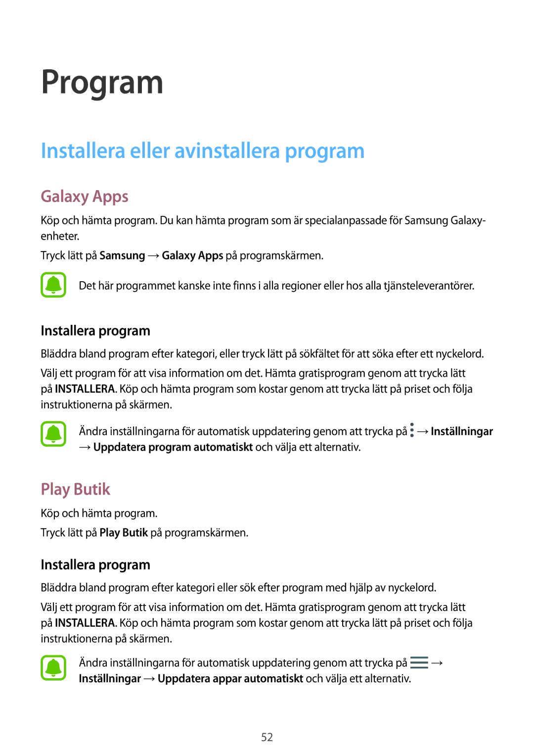 Samsung SM-G390FZKANEE manual Installera eller avinstallera program, Galaxy Apps, Play Butik, Installera program 