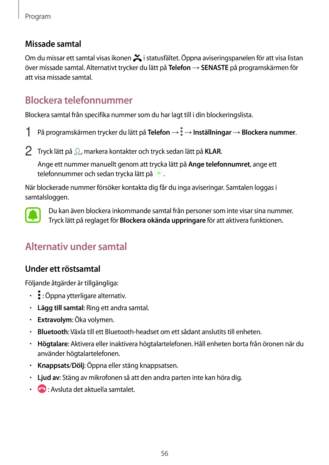 Samsung SM-G390FZKANEE manual Blockera telefonnummer, Alternativ under samtal, Missade samtal, Under ett röstsamtal 