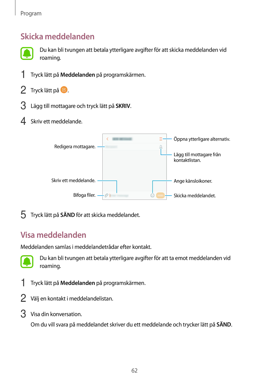 Samsung SM-G390FZKANEE manual Skicka meddelanden, Visa meddelanden 