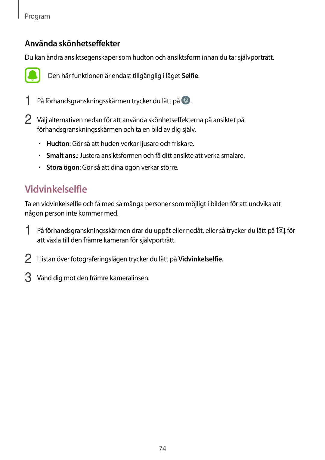 Samsung SM-G390FZKANEE manual Vidvinkelselfie, Använda skönhetseffekter 