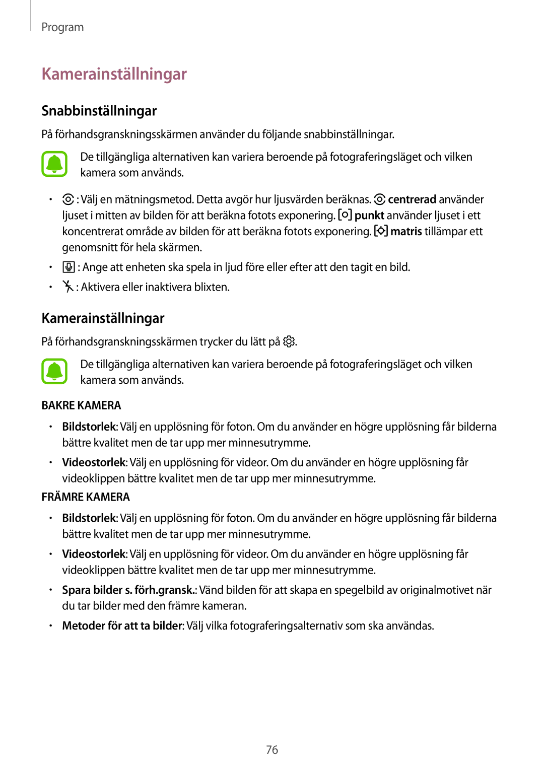 Samsung SM-G390FZKANEE manual Kamerainställningar, Snabbinställningar 