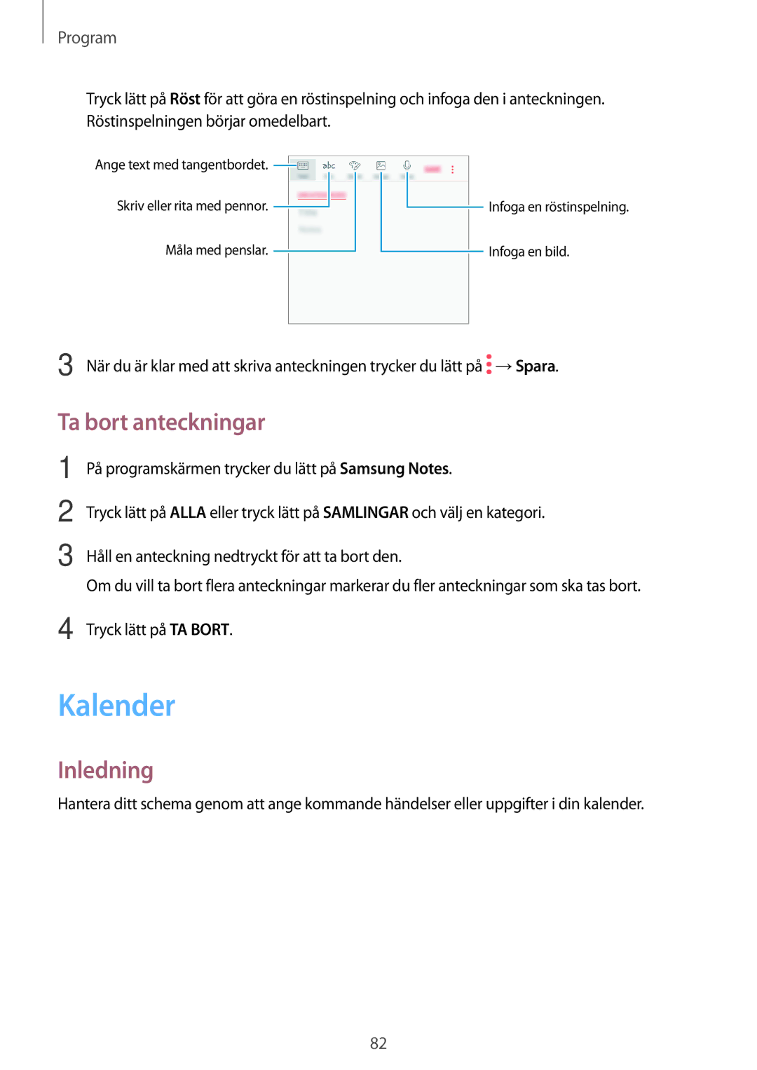 Samsung SM-G390FZKANEE manual Kalender, Ta bort anteckningar 