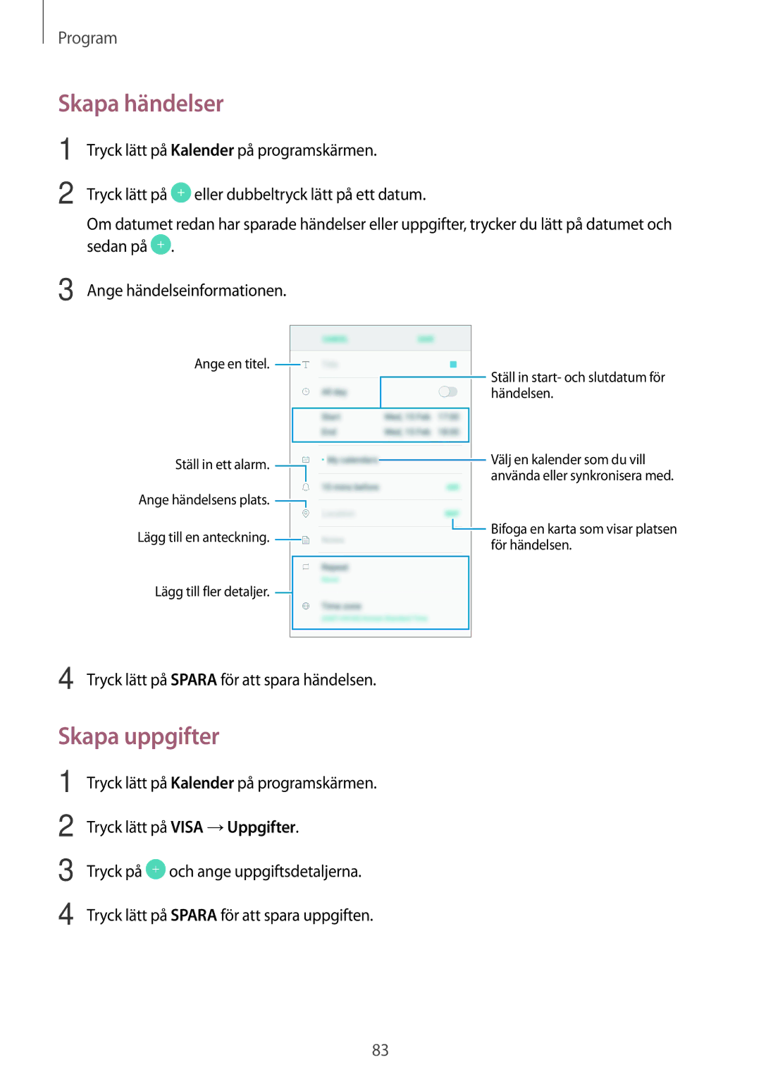 Samsung SM-G390FZKANEE manual Skapa händelser, Skapa uppgifter 