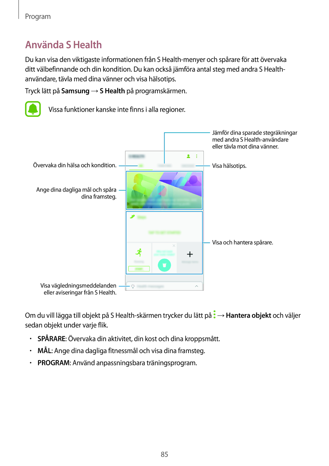 Samsung SM-G390FZKANEE manual Använda S Health, Övervaka din hälsa och kondition 