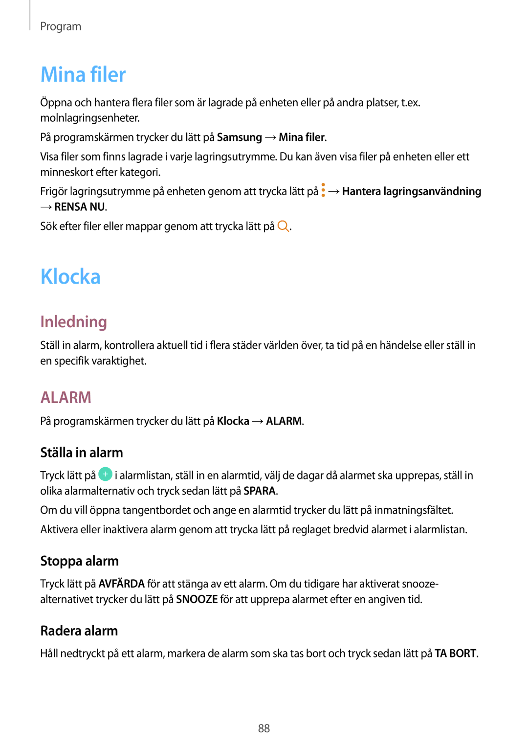 Samsung SM-G390FZKANEE manual Mina filer, Klocka, Ställa in alarm, Stoppa alarm, Radera alarm 