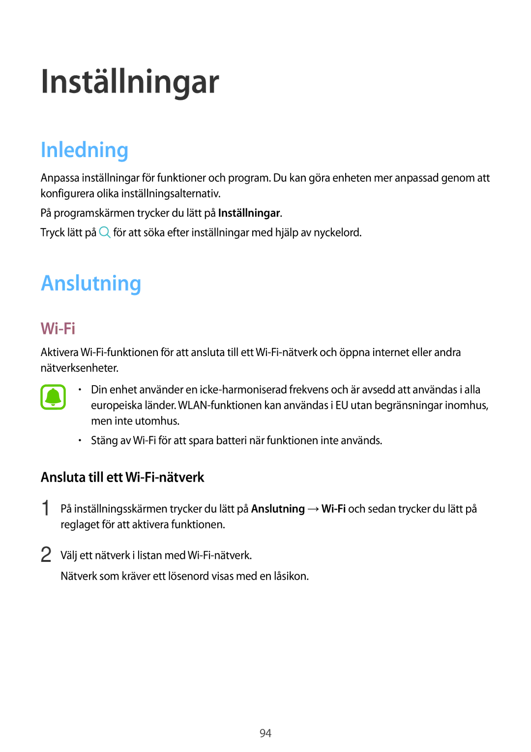 Samsung SM-G390FZKANEE manual Inledning, Anslutning, Ansluta till ett Wi-Fi-nätverk 