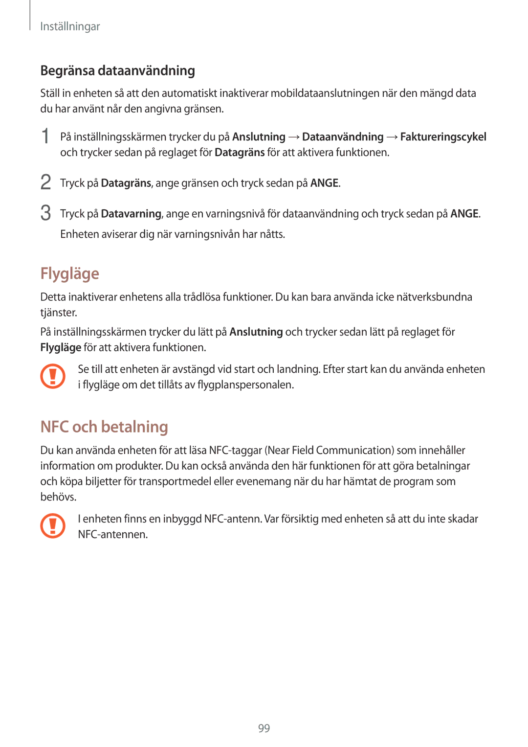 Samsung SM-G390FZKANEE manual Flygläge, NFC och betalning, Begränsa dataanvändning 