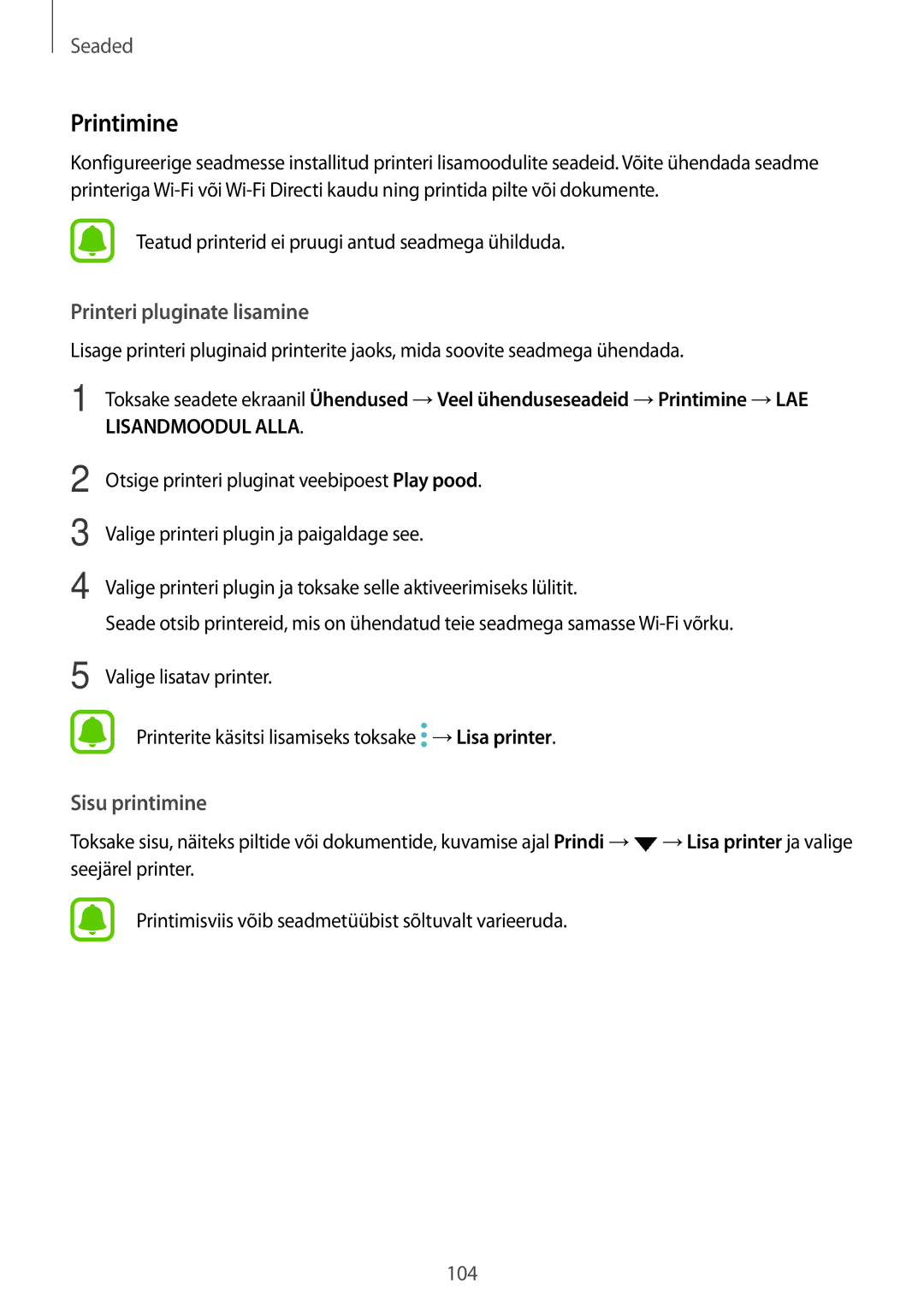 Samsung SM-G390FZKASEB manual Printimine, Printeri pluginate lisamine 