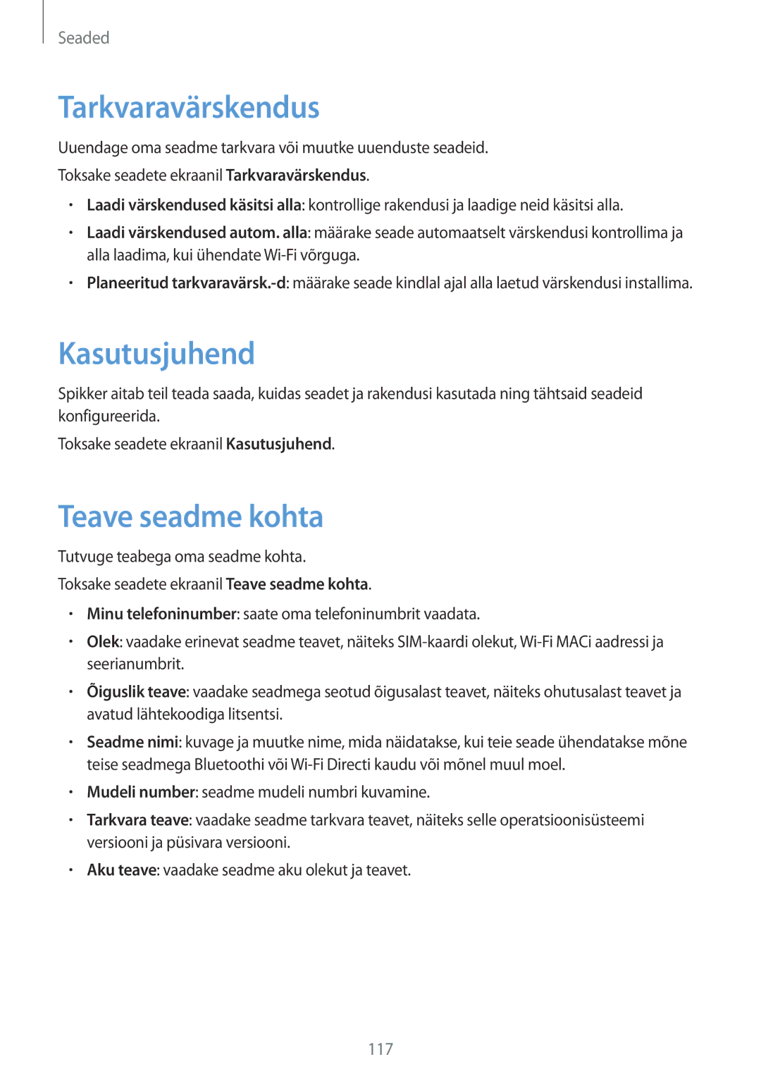 Samsung SM-G390FZKASEB manual Tarkvaravärskendus, Kasutusjuhend, Teave seadme kohta 