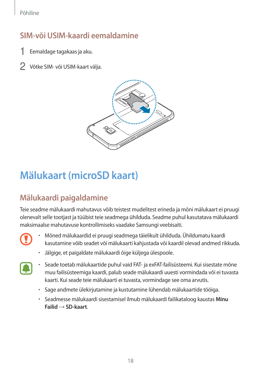 Samsung SM-G390FZKASEB manual Mälukaart microSD kaart, SIM-või USIM-kaardi eemaldamine, Mälukaardi paigaldamine 