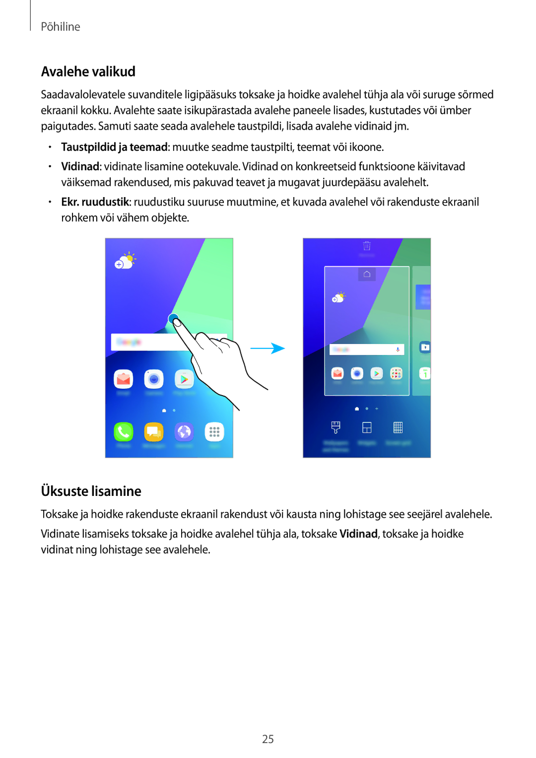 Samsung SM-G390FZKASEB manual Avalehe valikud, Üksuste lisamine 