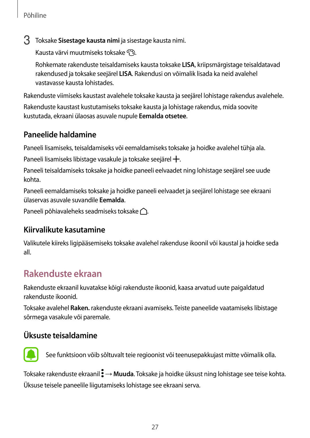 Samsung SM-G390FZKASEB manual Rakenduste ekraan, Paneelide haldamine, Kiirvalikute kasutamine 