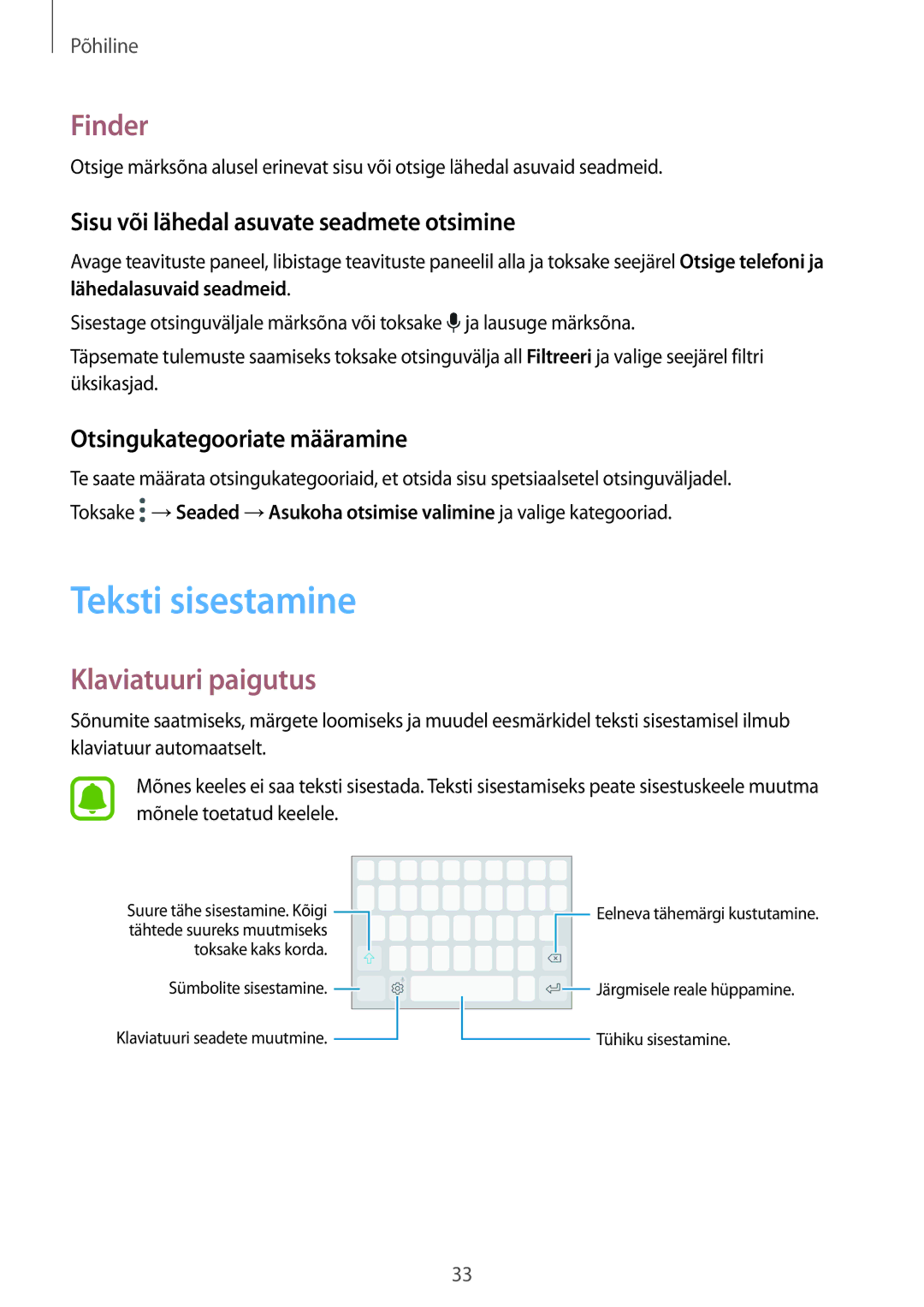 Samsung SM-G390FZKASEB manual Teksti sisestamine, Finder, Klaviatuuri paigutus, Sisu või lähedal asuvate seadmete otsimine 