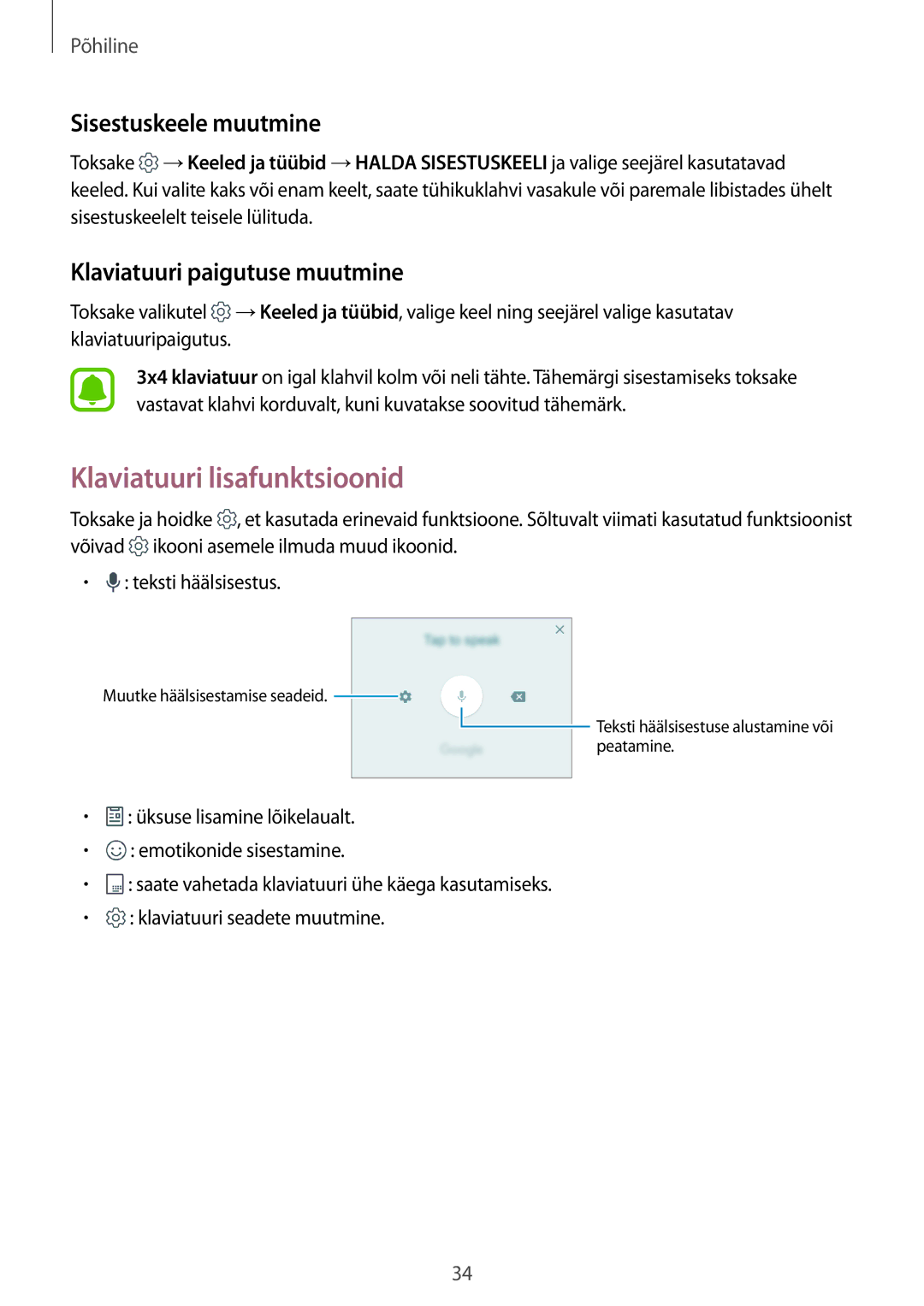 Samsung SM-G390FZKASEB manual Klaviatuuri lisafunktsioonid, Sisestuskeele muutmine, Klaviatuuri paigutuse muutmine 