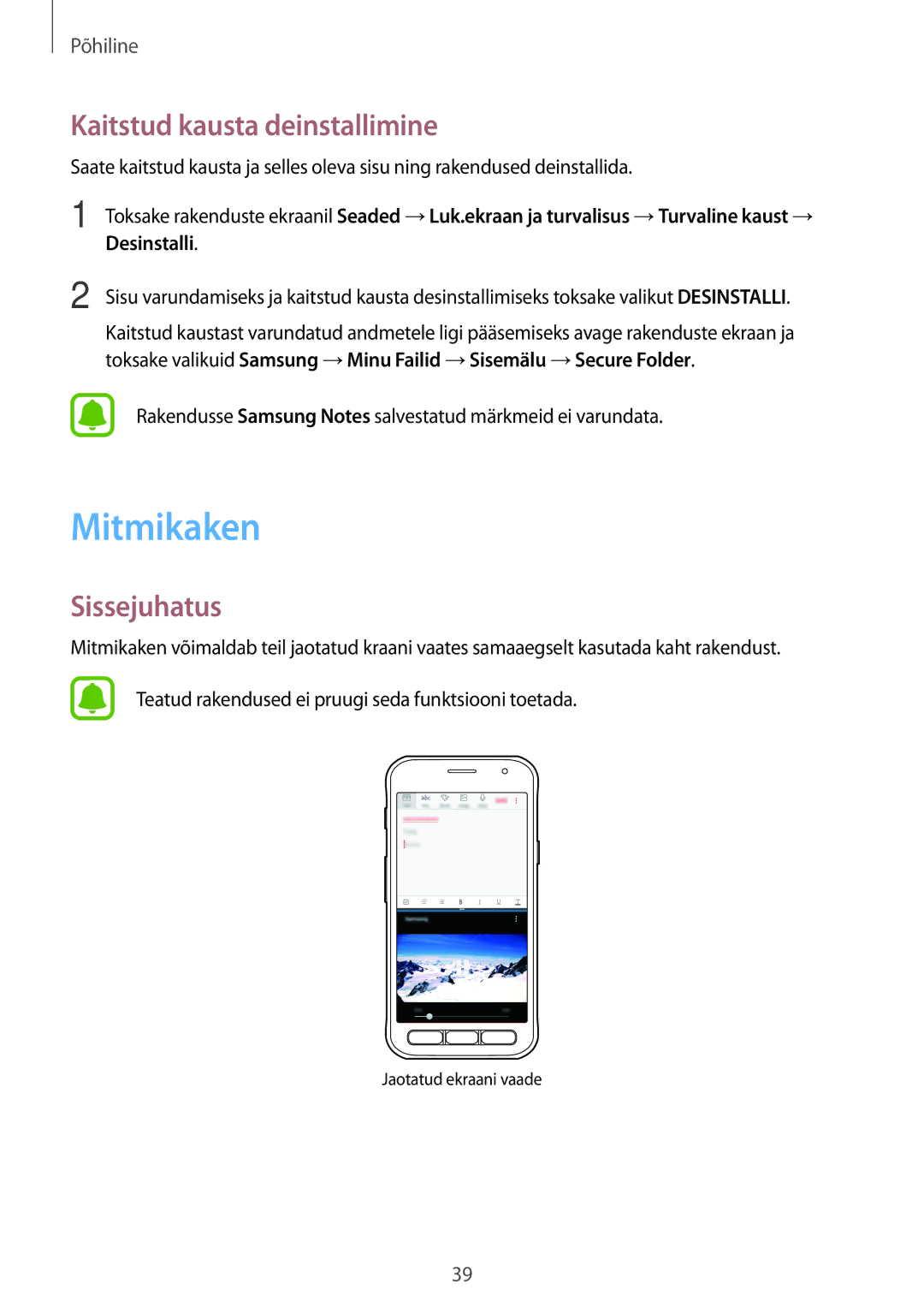 Samsung SM-G390FZKASEB manual Mitmikaken, Kaitstud kausta deinstallimine 