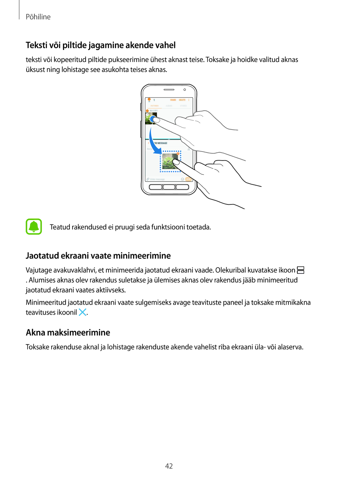 Samsung SM-G390FZKASEB Teksti või piltide jagamine akende vahel, Jaotatud ekraani vaate minimeerimine, Akna maksimeerimine 