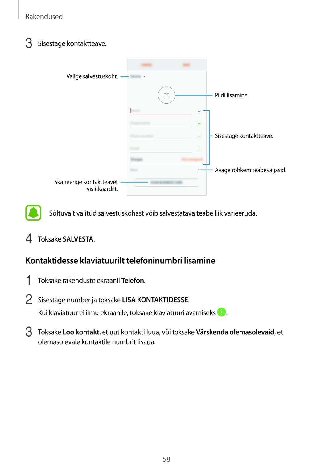 Samsung SM-G390FZKASEB manual Kontaktidesse klaviatuurilt telefoninumbri lisamine, Sisestage kontaktteave 