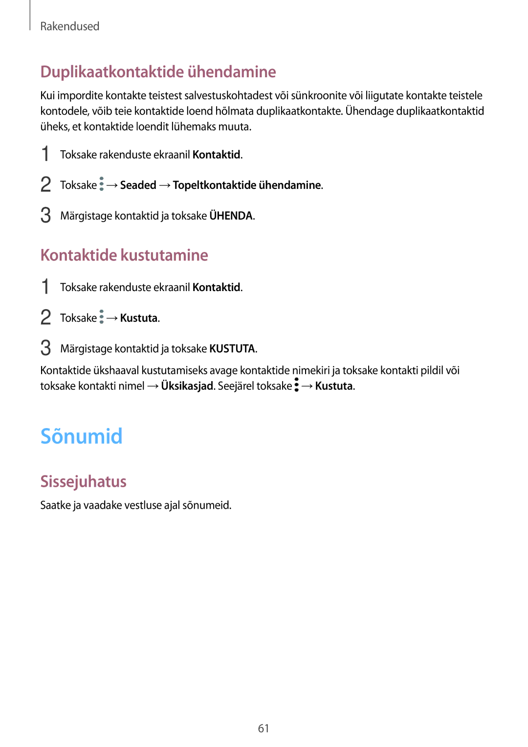 Samsung SM-G390FZKASEB manual Sõnumid, Duplikaatkontaktide ühendamine, Kontaktide kustutamine 