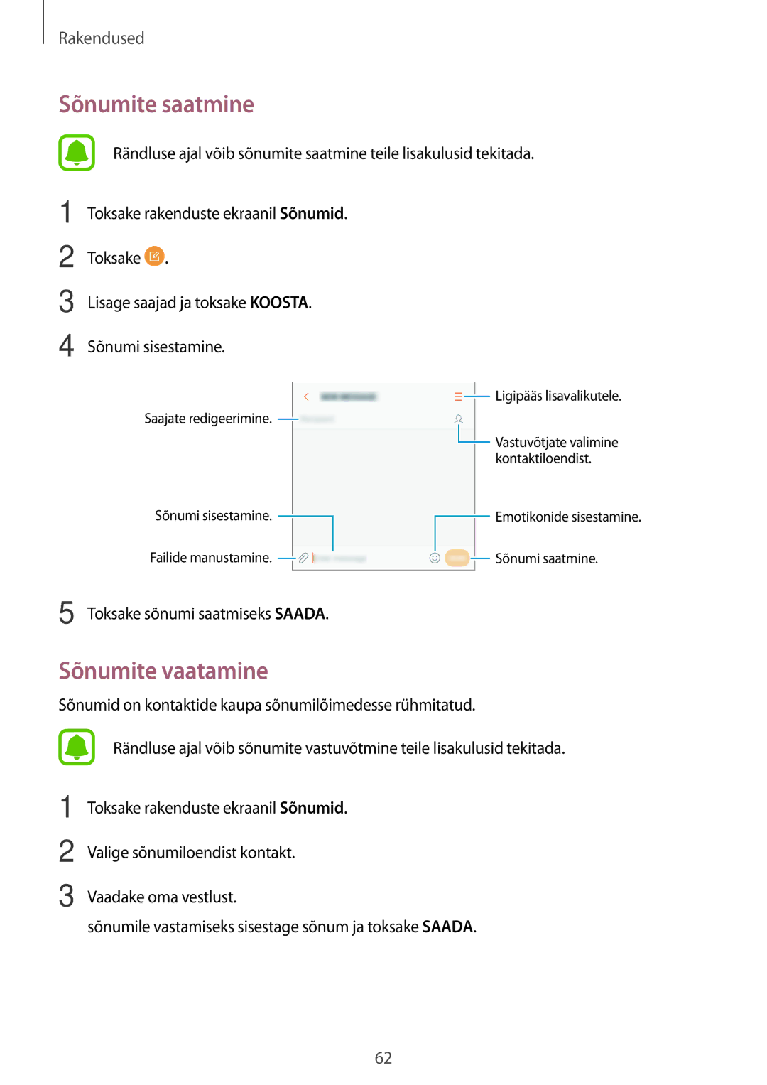 Samsung SM-G390FZKASEB manual Sõnumite saatmine, Sõnumite vaatamine 