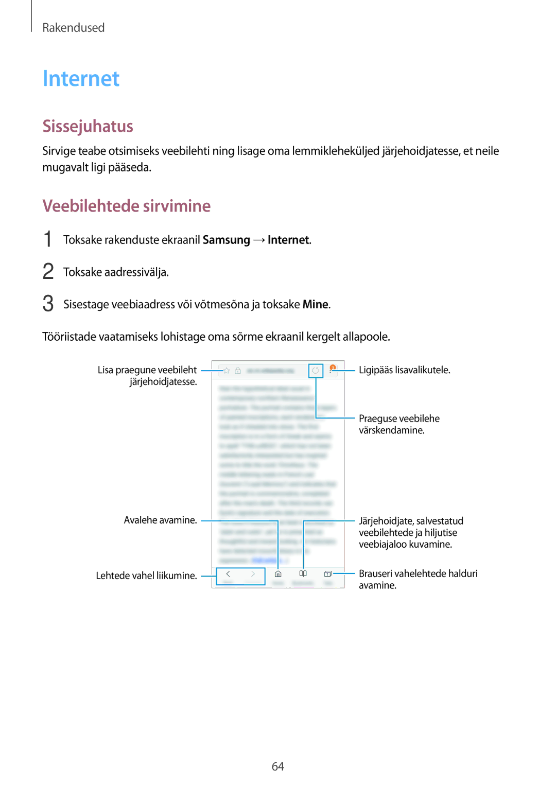 Samsung SM-G390FZKASEB manual Internet, Veebilehtede sirvimine 