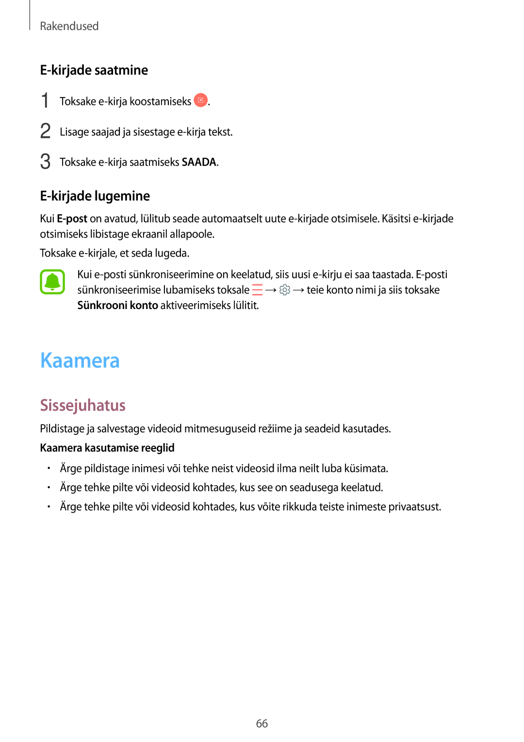 Samsung SM-G390FZKASEB manual Kirjade saatmine, Kirjade lugemine, Kaamera kasutamise reeglid 