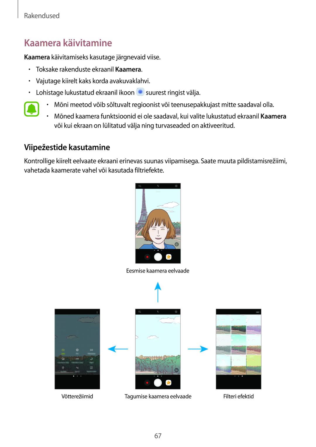 Samsung SM-G390FZKASEB manual Kaamera käivitamine, Viipežestide kasutamine 