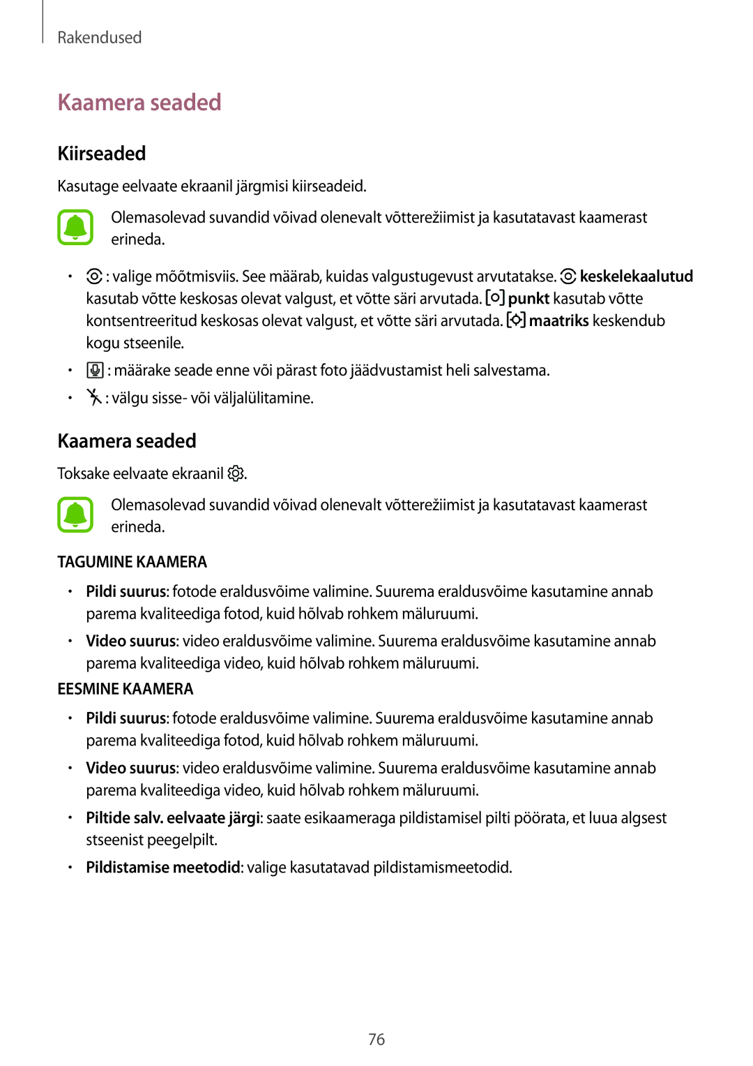 Samsung SM-G390FZKASEB manual Kaamera seaded, Kiirseaded 