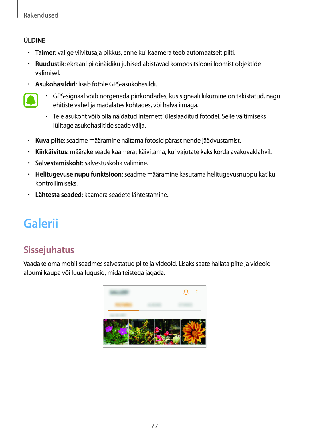 Samsung SM-G390FZKASEB manual Galerii, Üldine 