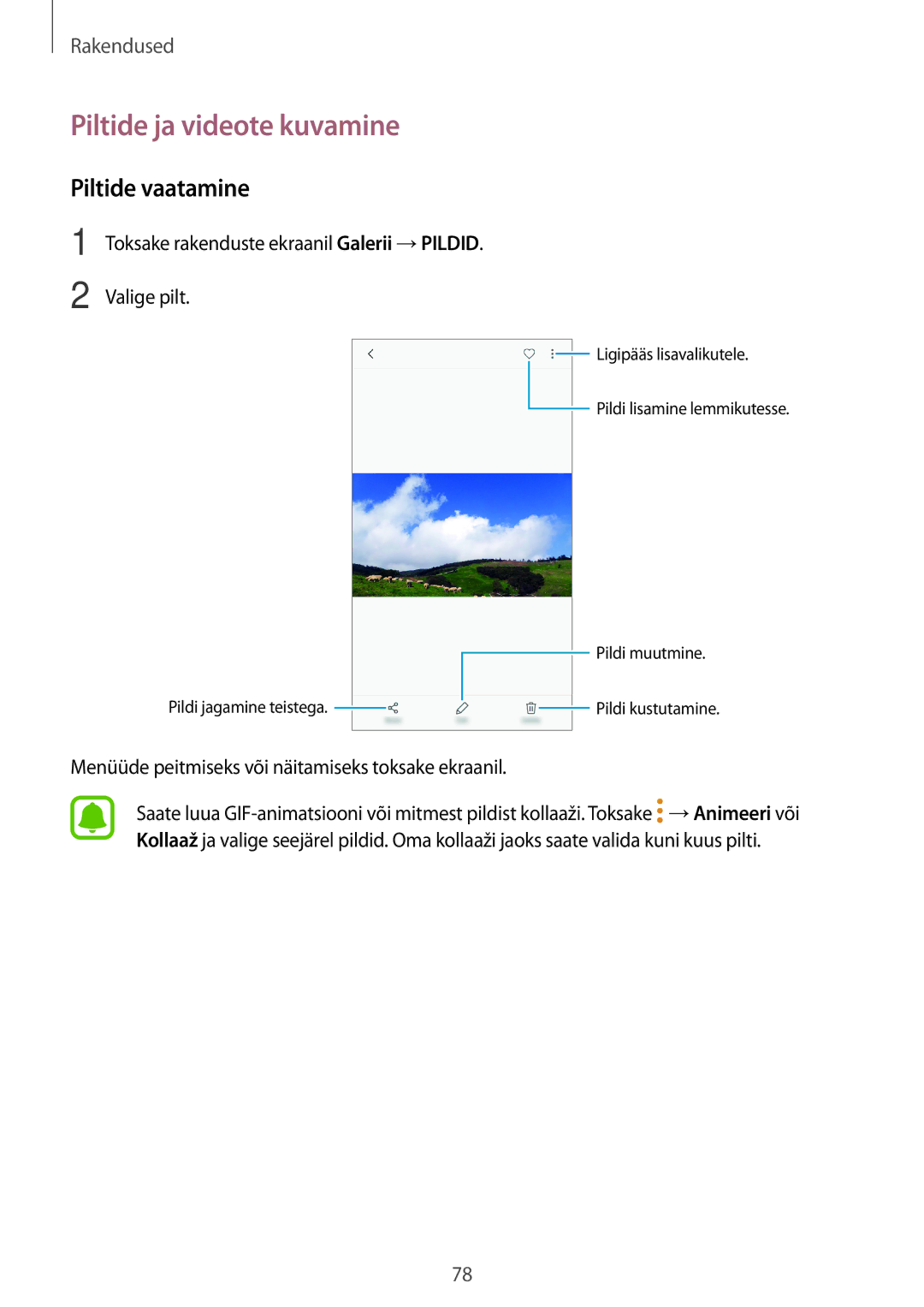 Samsung SM-G390FZKASEB manual Piltide ja videote kuvamine, Piltide vaatamine 